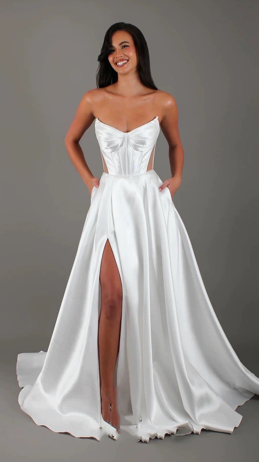 White Satin Slit Pocket Bandage Wedding Dress