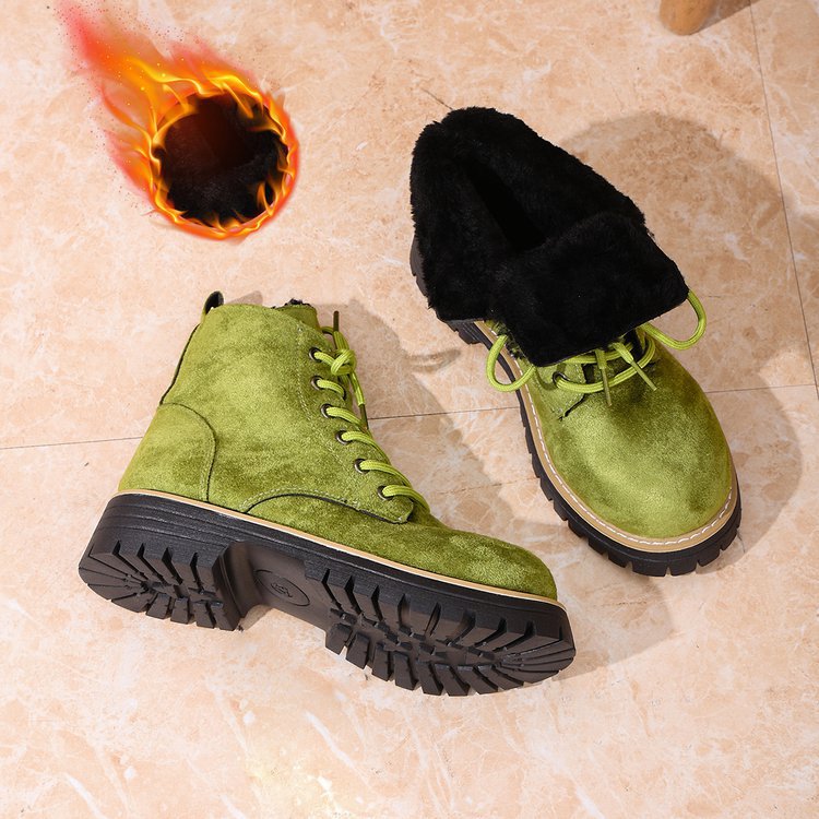 Front Lace-up Suede Ankle Boots With Fleece Lining