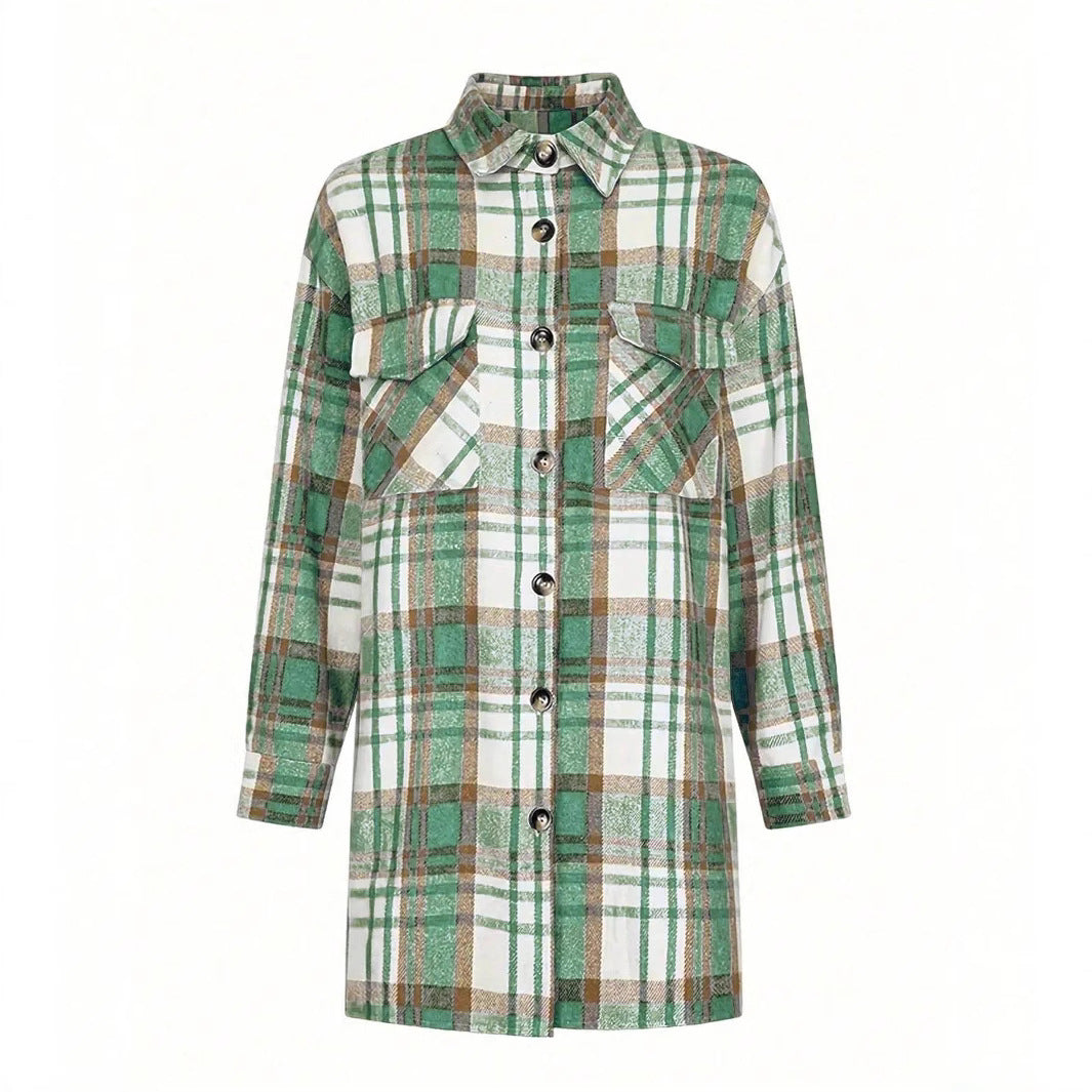 Women's Lapel Plaid Pocket Long Sleeve Shirt Jacket