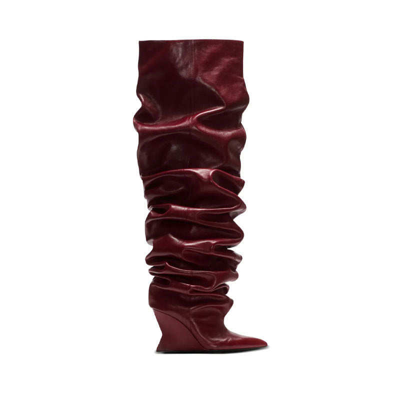 Catwalk Pleated Over-the-knee Boots Female Pointed Toe Wedge High-heel Boots
