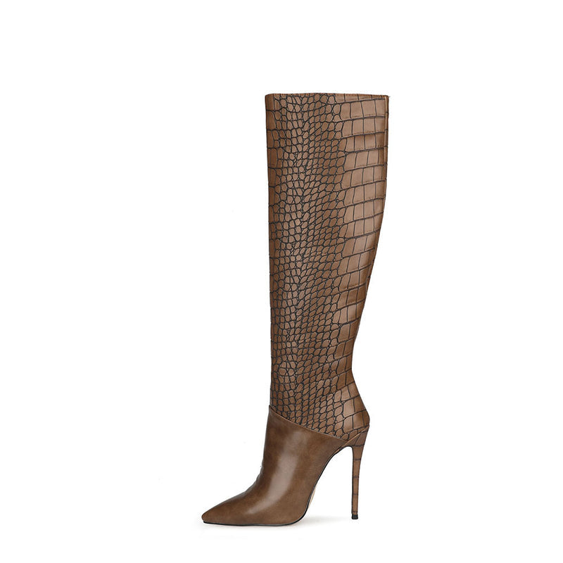 Women's High Gloss Crocodile Print Stiletto Boots Silent