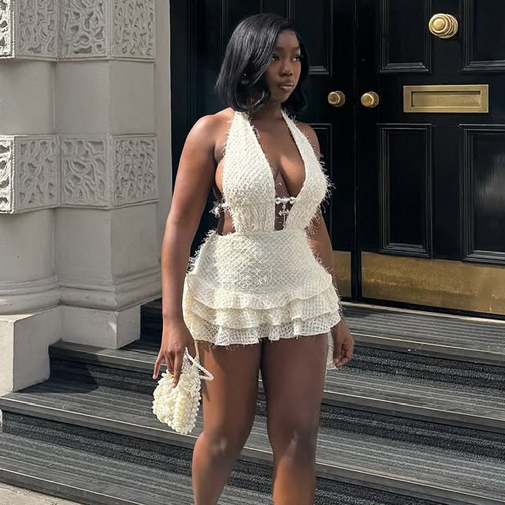 V-neck Hollow-out Pouf Skirt With Neck-tie Straps And A Backless Fine-fiber Mini Skirt