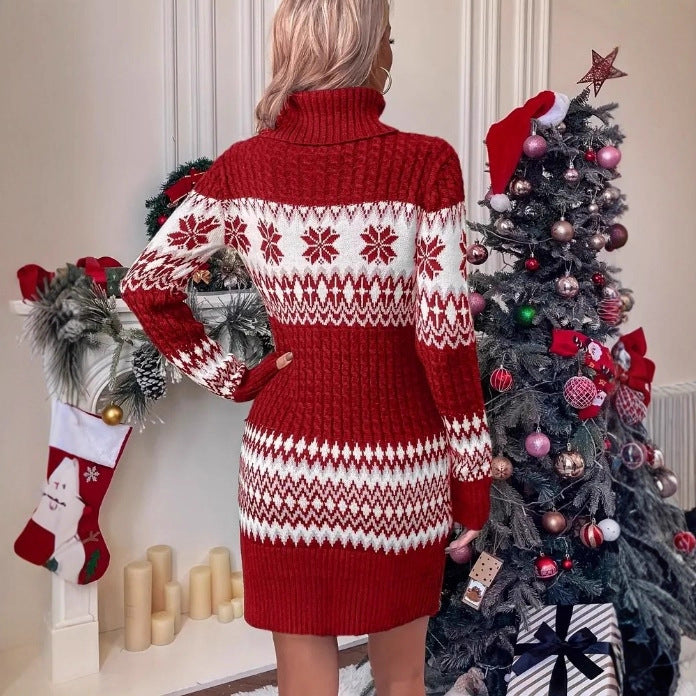 Knitted Red And White High-neck Color-block Women's Sweater Dress