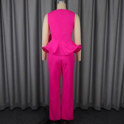 Three-dimensional Flower V-neck Sleeveless Top High Waist Fashion Straight-leg Pants