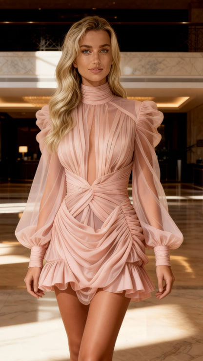 Women's Ruffle Trimmed High Neck Pleated Patchwork Dress