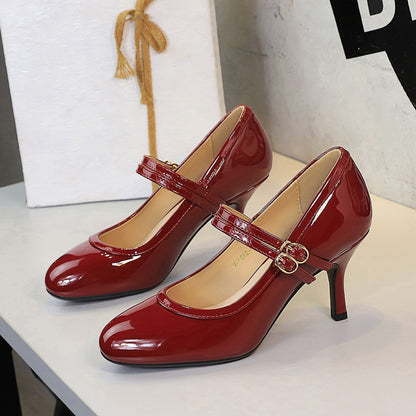 Slender Heel Round Toe Shallow Double Buckle Gentle Jk With Skirt Mary Jane Shoes