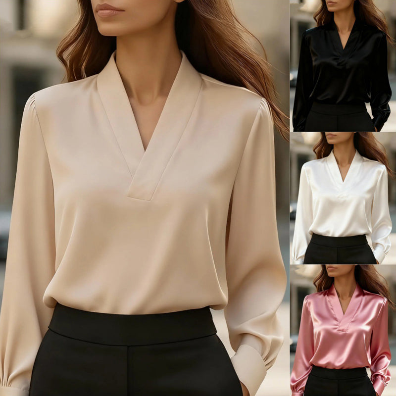 Women's Elegant V-Neck Blouse, Solid Color Shiny Finish Long Sleeve Dress Shirt For Office And Casual Wear