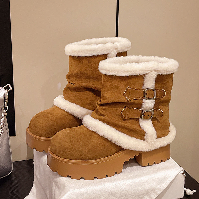 Women's Brown Suede Snow Boots Paired With White Fluffy Thick-soled Martin-style Short Boots, Comfortable Winter Ankle Boots With Sparkling Outfit And Creative Design