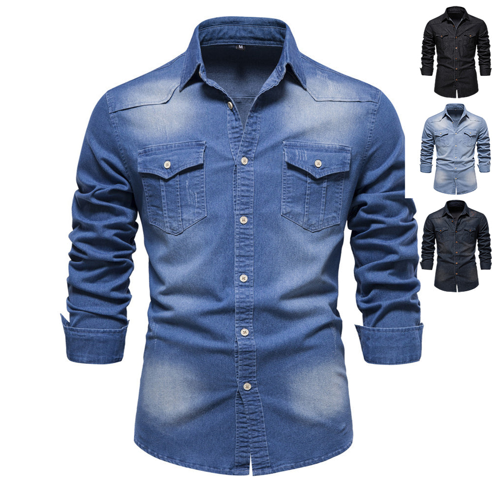 Men's Long-sleeved Denim Shirt Casual Solid Button Slim Tops Clothing