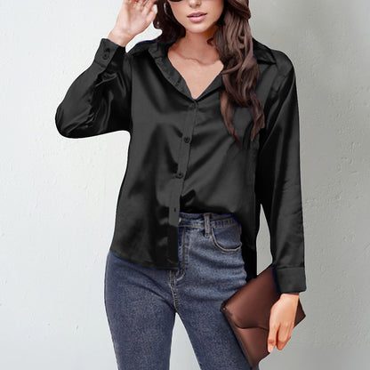 Women's Elegant Satin Lapel Shirt, Long Sleeve Button-Down Blouse For Casual And Office Wear