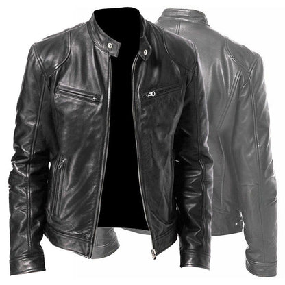 Men's Zip-up Cardigan PU Leather Jacket Fashion Pockets Stand Collar Short Tops Clothing