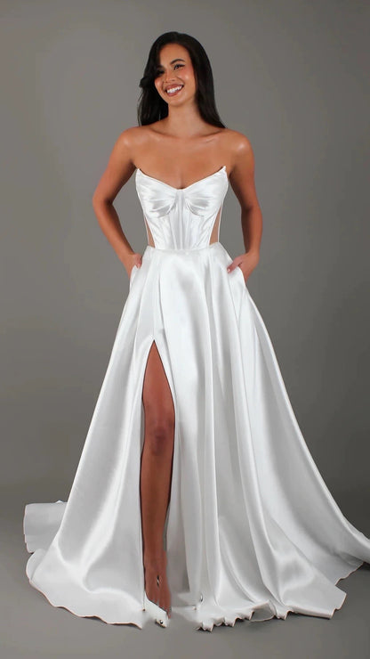 White Satin Slit Pocket Bandage Wedding Dress