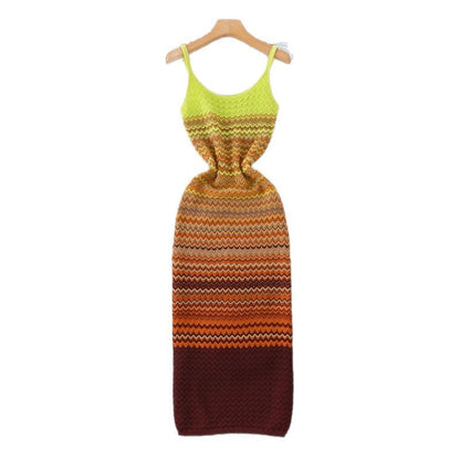 French-style Vintage Ombre Striped Sleeveless Slip Knit Dress
