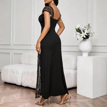 Elegant Bright Diamond Embellished Waist-cinching Slim Split Long Dress