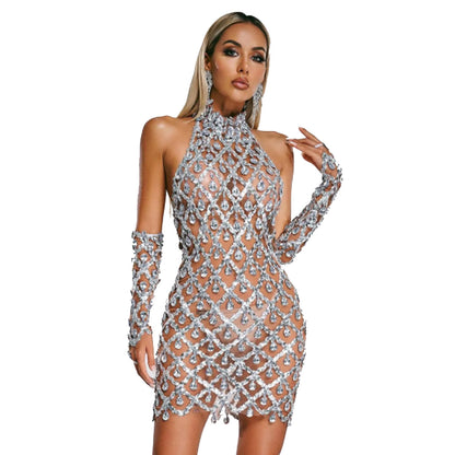 High-end Women's Heavy-duty Rhinestone Plaid Sequined Gloves Ultra-short Dress