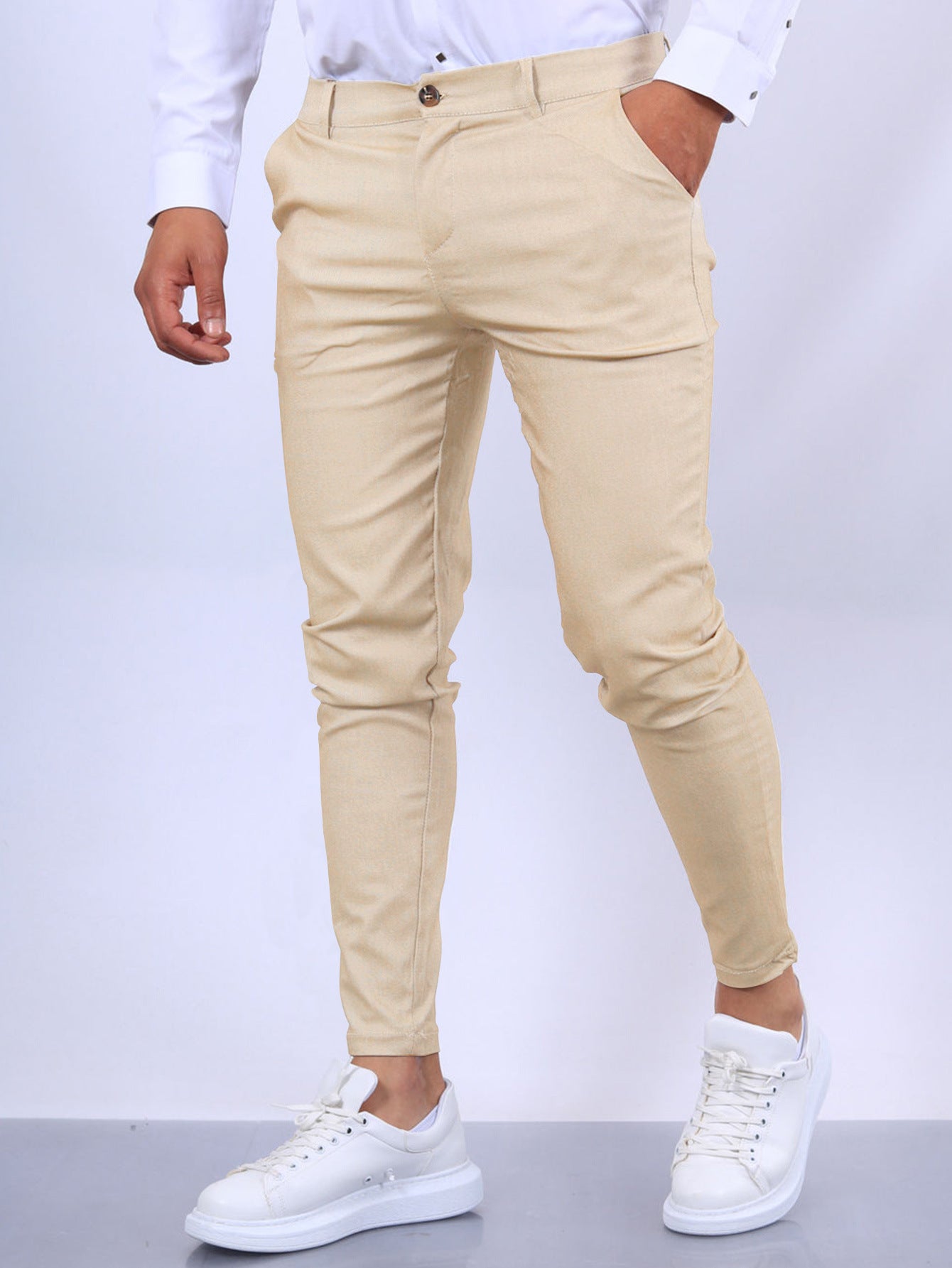 Men's Slim Button Trousers Fashion Solid Office Versatile Long Pencil Pants