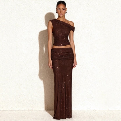 Full-diamond Two-piece Set Asymmetrical One-shoulder