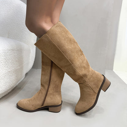 Chunky Heel Small Slim Suede Over The Knee Side Zipper Boots