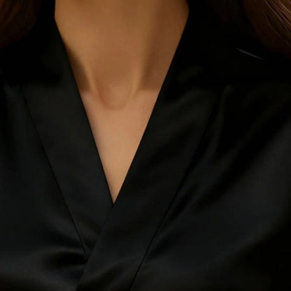 Women's Elegant V-Neck Blouse, Solid Color Shiny Finish Long Sleeve Dress Shirt For Office And Casual Wear