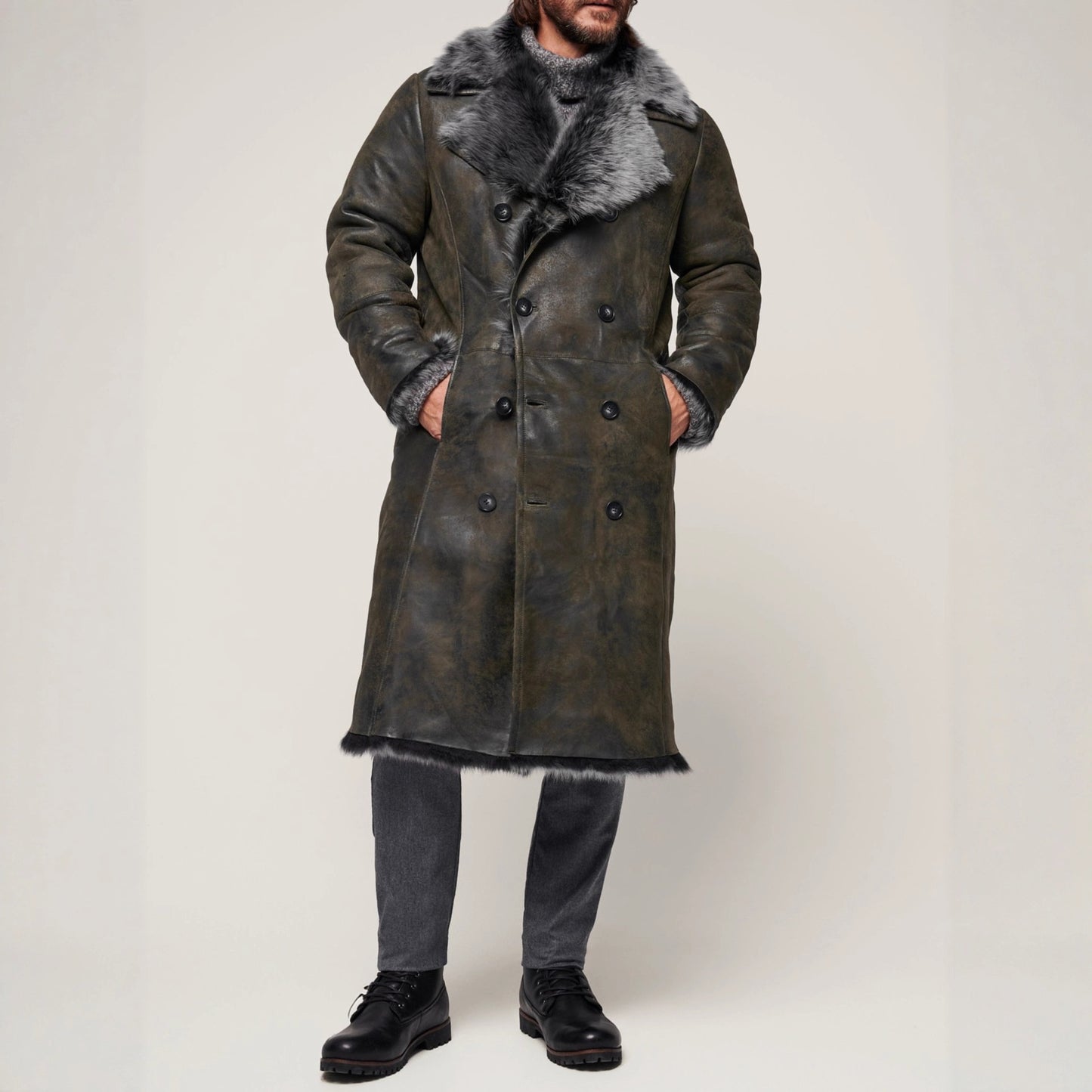 Double-breasted Wide Lapel Long-haired Men's Long Fur Coat