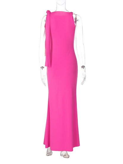 One-shoulder Ribbon Long Dress Ins Fashion Slim Sleeveless Dresses For Evening Party Club Clothing Women