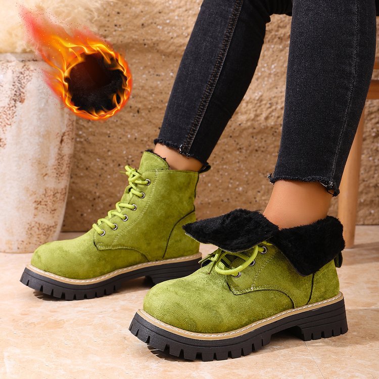 Front Lace-up Suede Ankle Boots With Fleece Lining