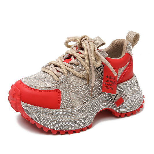 Shiny Sequin Women's High-top Sneakers With Thick Soles, Lace-up Fashion Shoes Featuring Silver And Red Rhinestone Design