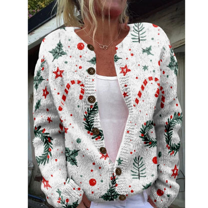 Round Neck Sweater Christmas Button Cardigan Long Sleeve Sweater
