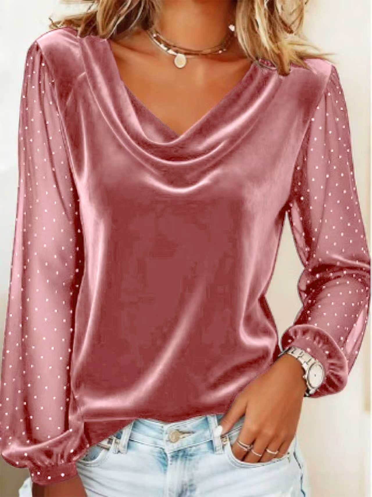 Women's V-neck Mesh T-shirt With Rhinestones And Puffed Sleeves