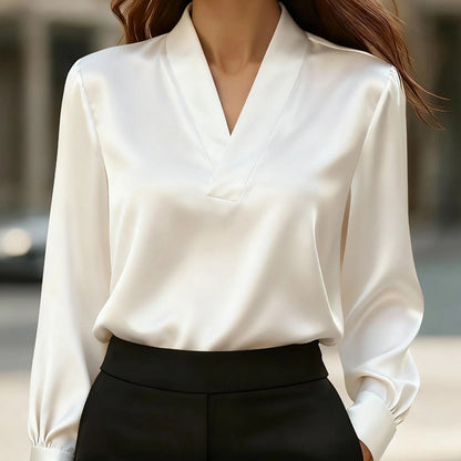 Women's Elegant V-Neck Blouse, Solid Color Shiny Finish Long Sleeve Dress Shirt For Office And Casual Wear