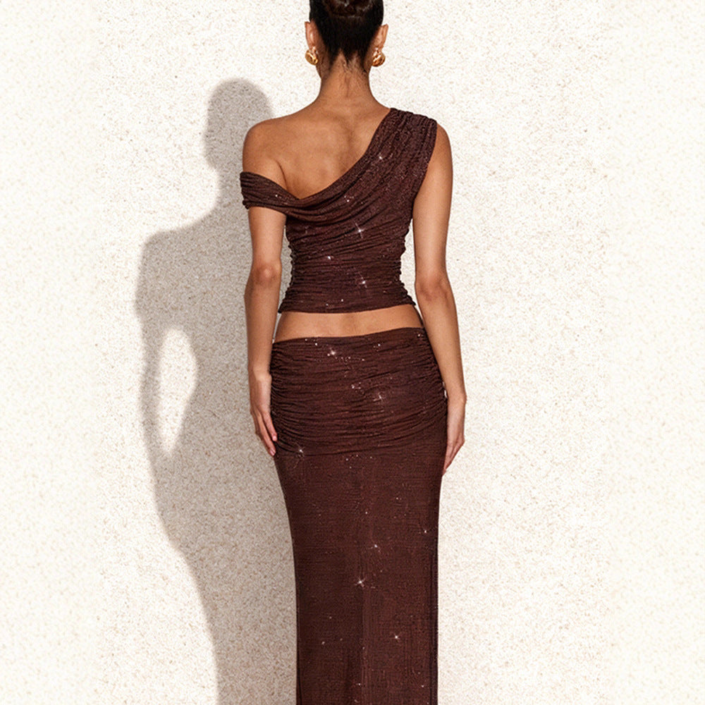 Full-diamond Two-piece Set Asymmetrical One-shoulder