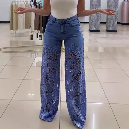 Y2K Lace Flowers Hollow Jeans Fashion High Waist Straight Wide Leg Pants Solid Color Trousers Women's Clothing