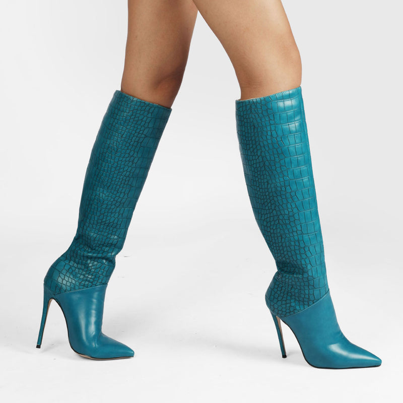 Women's High Gloss Crocodile Print Stiletto Boots Silent
