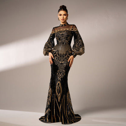 Long Sleeve Round Neck Sequins Mesh Fishtail Evening Dress