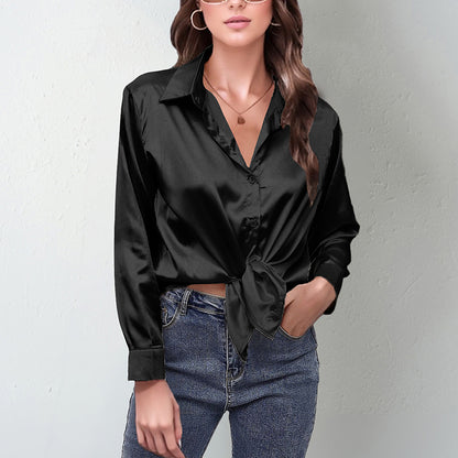 Women's Elegant Satin Lapel Shirt, Long Sleeve Button-Down Blouse For Casual And Office Wear