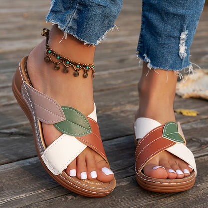 Women's Cork Wedge Sandals With Leaf Design, Red-brown Gladiator-style Lace-up, Espadrille-style Summer Casual Shoes
