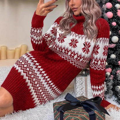 Knitted Red And White High-neck Color-block Women's Sweater Dress