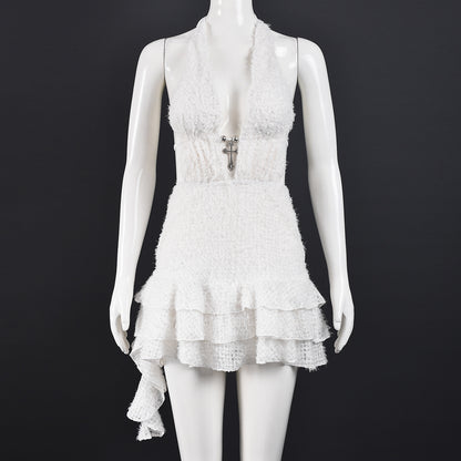 V-neck Hollow-out Pouf Skirt With Neck-tie Straps And A Backless Fine-fiber Mini Skirt