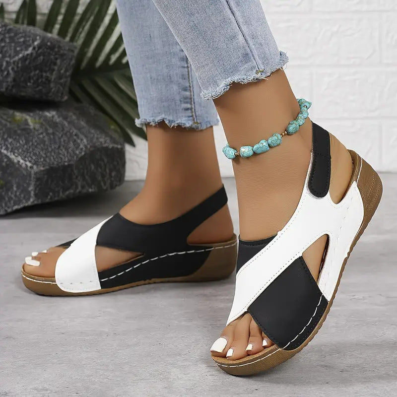 Colorblock-crossed  Wedges Sandals Summer Fashion Fish Mouth Platform Roman Shoes For Women