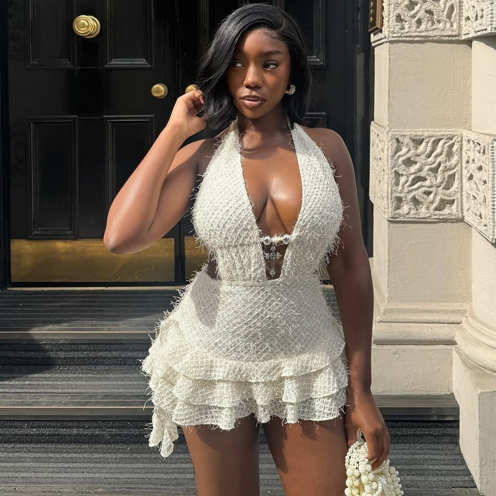 V-neck Hollow-out Pouf Skirt With Neck-tie Straps And A Backless Fine-fiber Mini Skirt