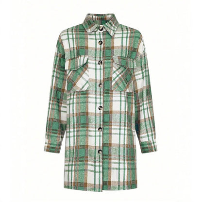 Women's Lapel Plaid Pocket Long Sleeve Shirt Jacket