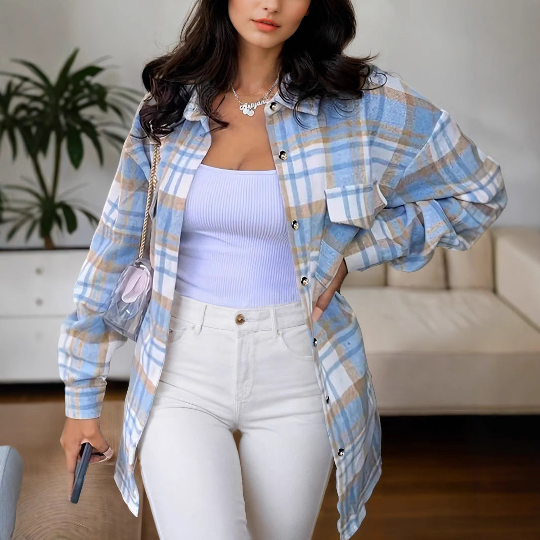 Women's Lapel Plaid Pocket Long Sleeve Shirt Jacket