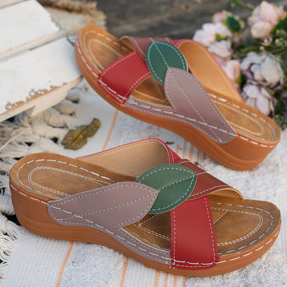 Women's Cork Wedge Sandals With Leaf Design, Red-brown Gladiator-style Lace-up, Espadrille-style Summer Casual Shoes