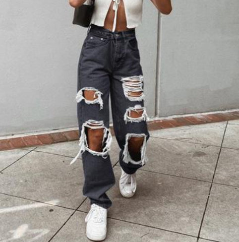 Women's American Retro Hole-punched Jeans Women High Waist Straight-crotch Loose Slim Design High-street Vibe Wide-legged Dragging Pants