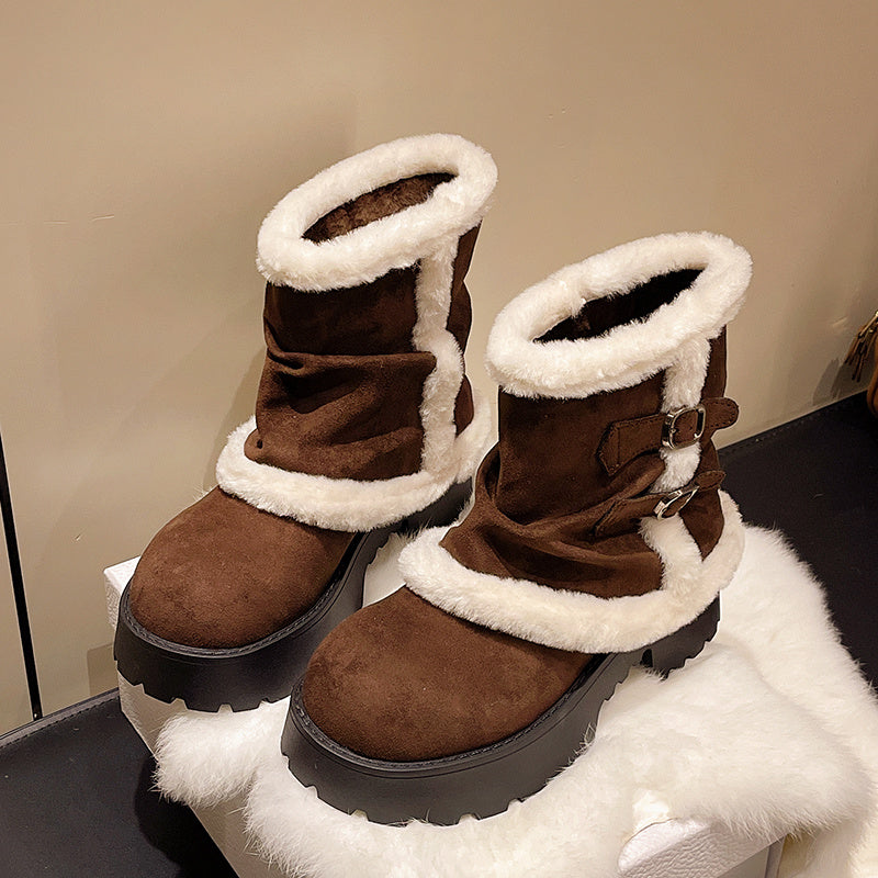 Women's Brown Suede Snow Boots Paired With White Fluffy Thick-soled Martin-style Short Boots, Comfortable Winter Ankle Boots With Sparkling Outfit And Creative Design