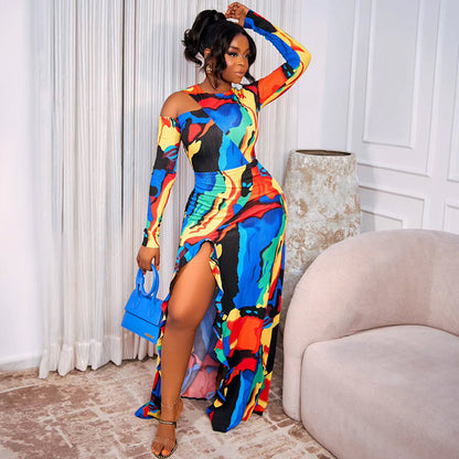 Women's Color Block Printed Split Hem Round Neck Long Sleeve Loose Dress