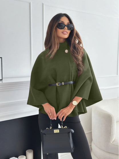 New Stand Collar Batwing Sleeves Cloak Top With Belt Ins Fashion Temperament Jacket Woolen Sweater Outwear For Women Clothing