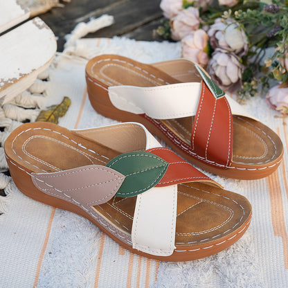 Women's Cork Wedge Sandals With Leaf Design, Red-brown Gladiator-style Lace-up, Espadrille-style Summer Casual Shoes