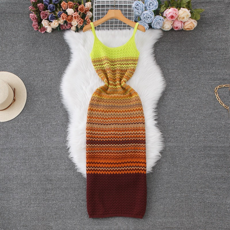 French-style Vintage Ombre Striped Sleeveless Slip Knit Dress