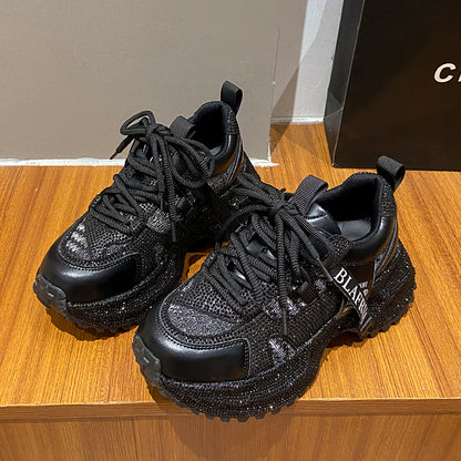 Shiny Sequin Women's High-top Sneakers With Thick Soles, Lace-up Fashion Shoes Featuring Silver And Red Rhinestone Design